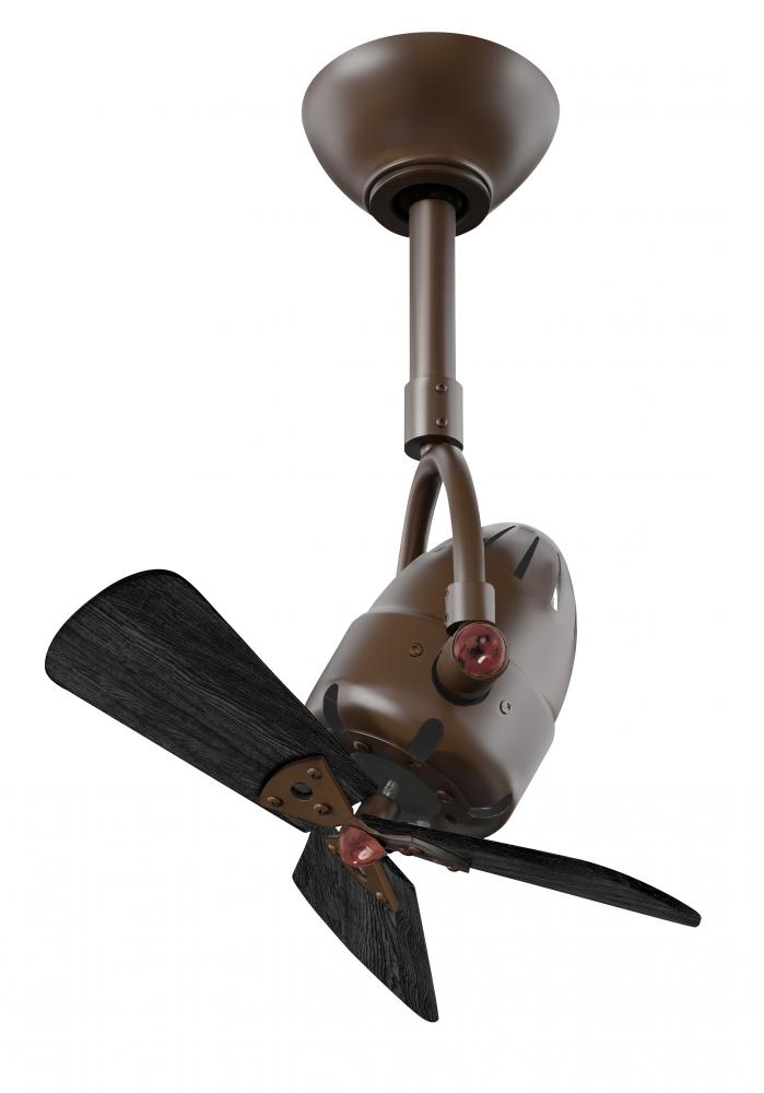 Diane oscillating ceiling fan in Textured Bronze finish with solid matte black wood blades.