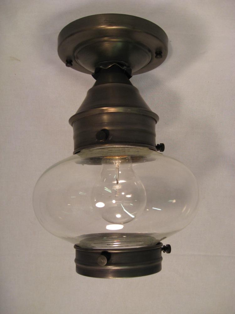 Onion Flush No Cage Antique Brass Medium Base Socket Clear Seedy Glass